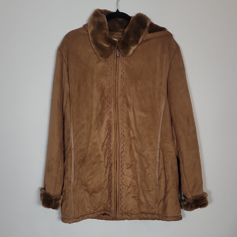 Y2K Cato Women Faux Fur Penny Lane Coat Size 18/22 L/XL Hood Brown Zip Suede 90s